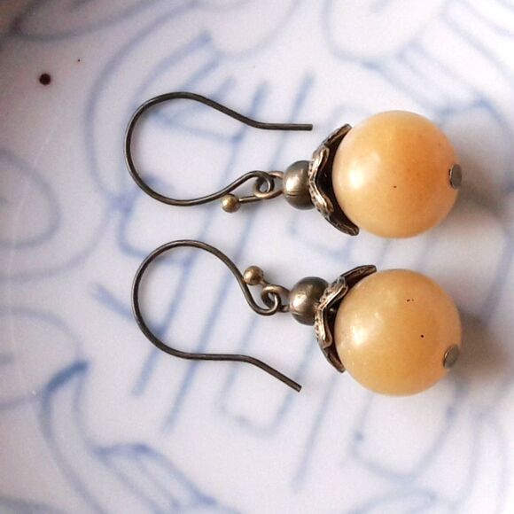 artisan earrings 503#mfs Butter Quartz filigree cap drop earrings with Antique B - Picture 1 of 6